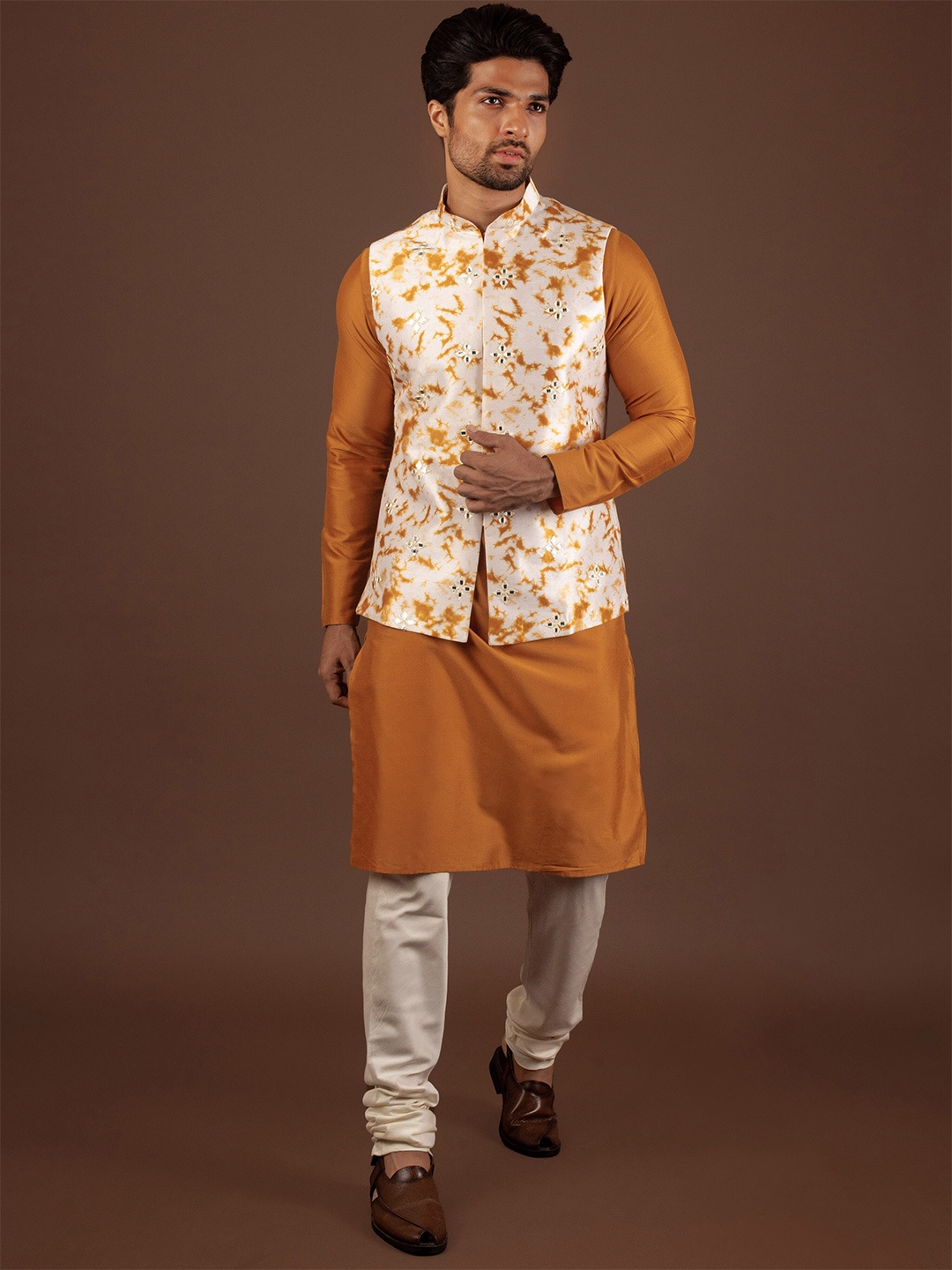 

KISAH Floral Mirror Work Straight Kurta with Churidar & Nehru jacket, White