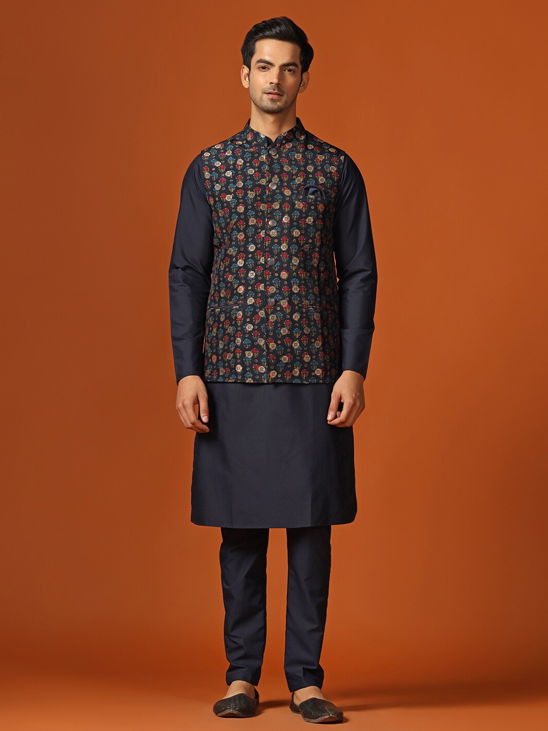 

KISAH Floral Printed Straight Kurta with Churidar & Nehru jacket, Blue