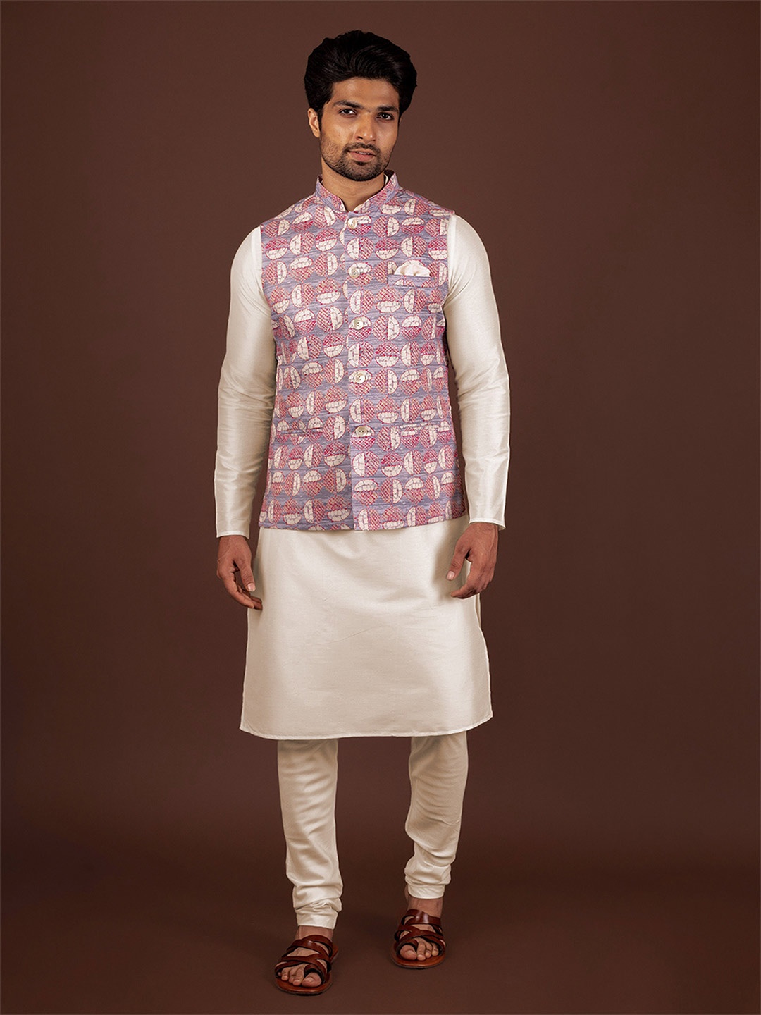 

KISAH Regular Kurta With Churidar & Woven Design Nehru Jacket, Pink