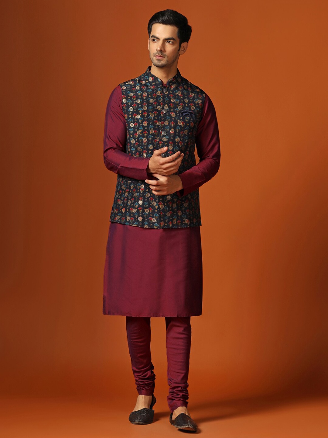 

KISAH Regular Kurta With Churidar & Woven Design Nehru Jacket, Maroon