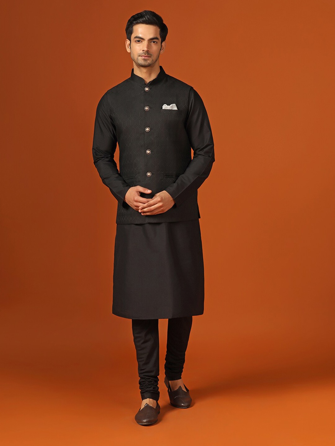 

KISAH Regular Kurta With Churidar & Woven Design Nehru Jacket, Black