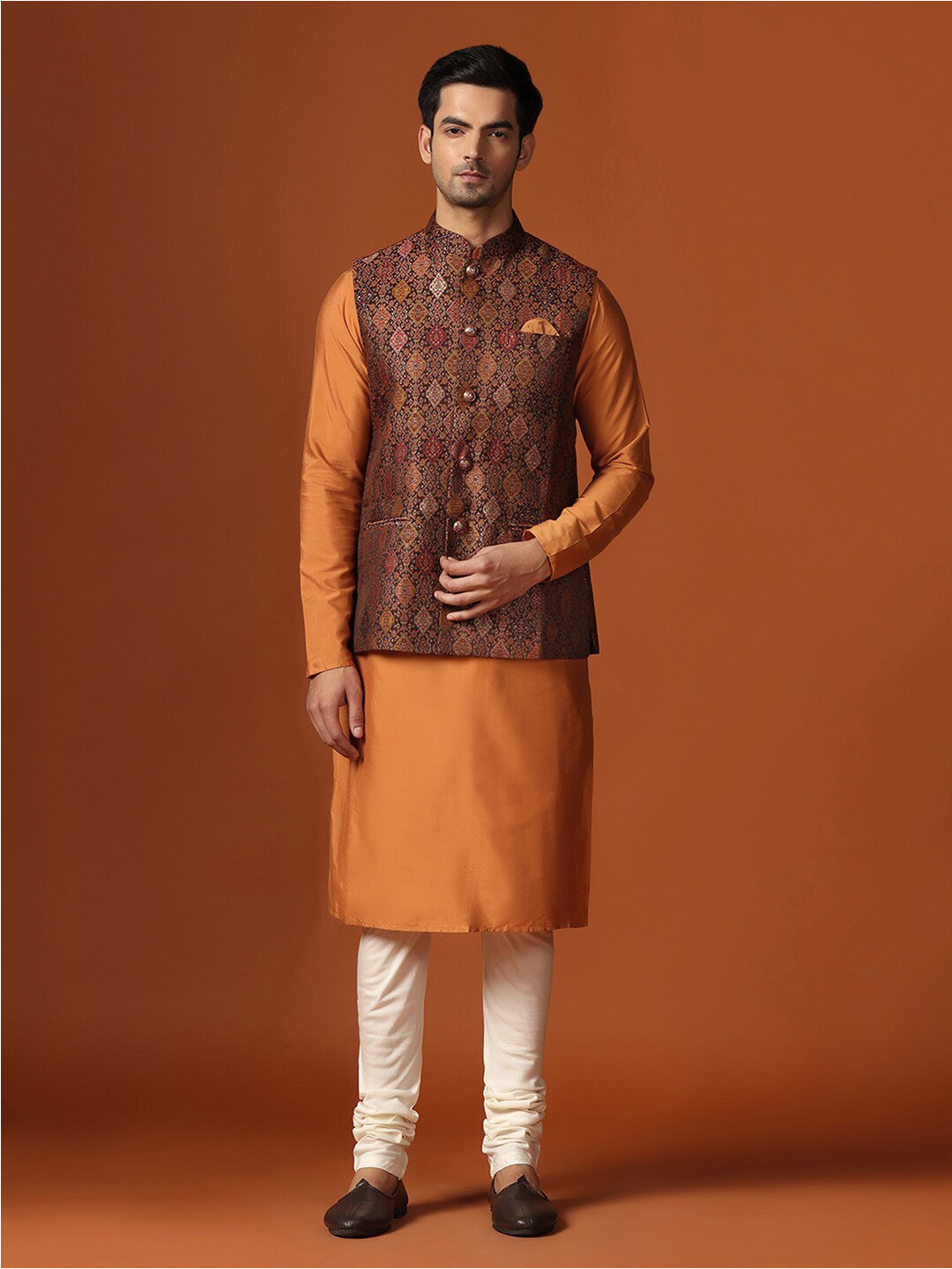 

KISAH Regular Kurta With Churidar & Woven Design Nehru Jacket, Orange
