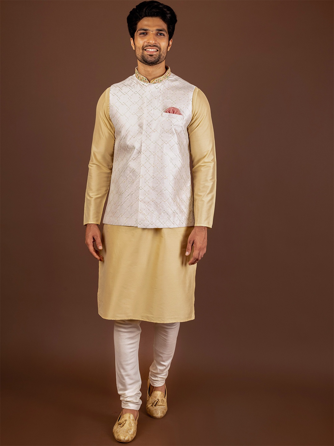 

KISAH Regular Kurta With Churidar & Woven Design Nehru Jacket, White