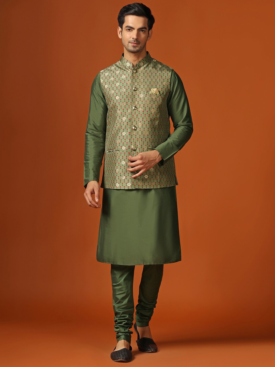 

KISAH Mandarin Collar Regular Straight Kurta With Churidar & Nehru Jacket, Green