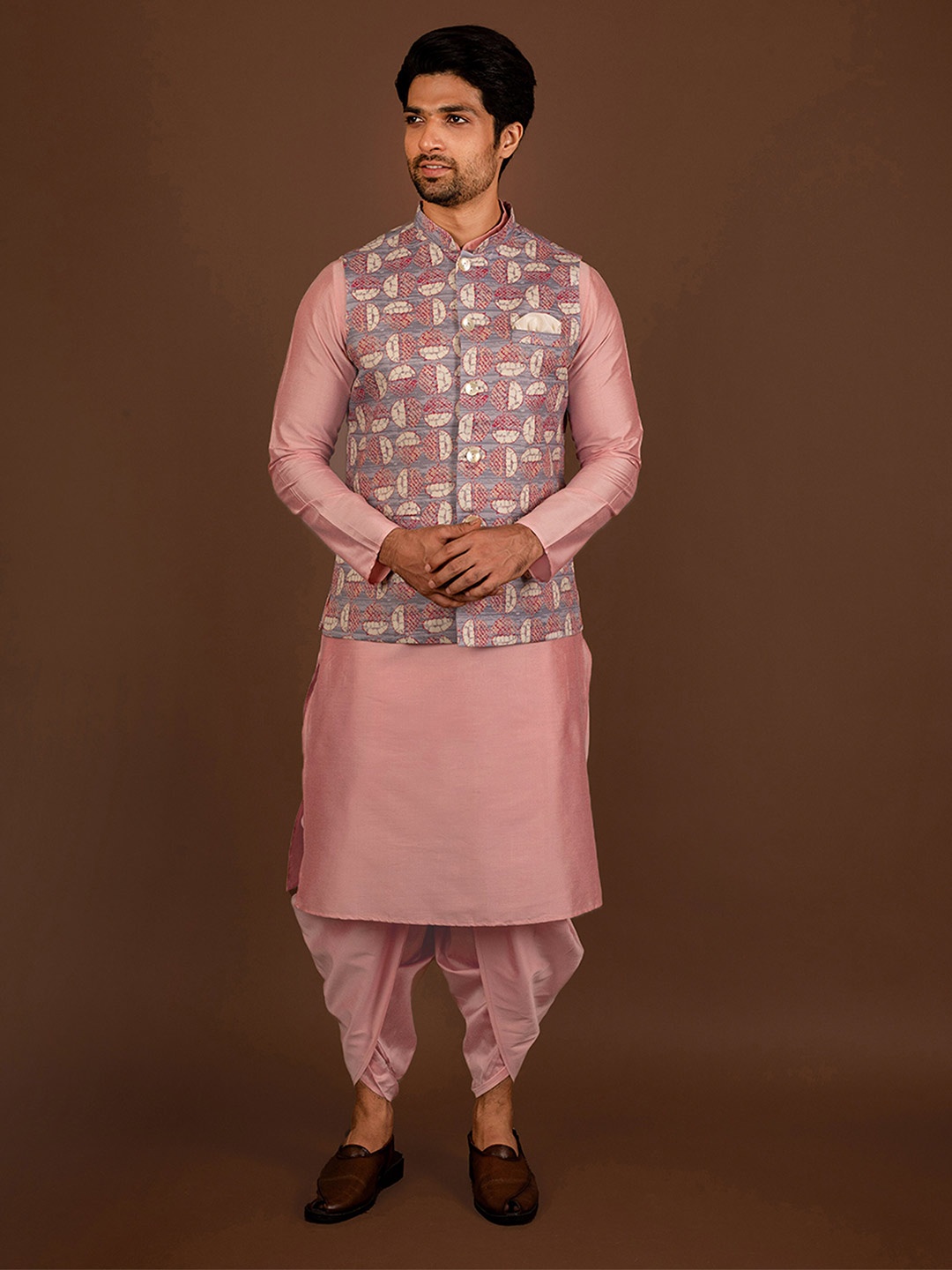 

KISAH Mandarin Collar Regular Straight Kurta With Dhoti Pant & Printed Nehru Jacket, Pink