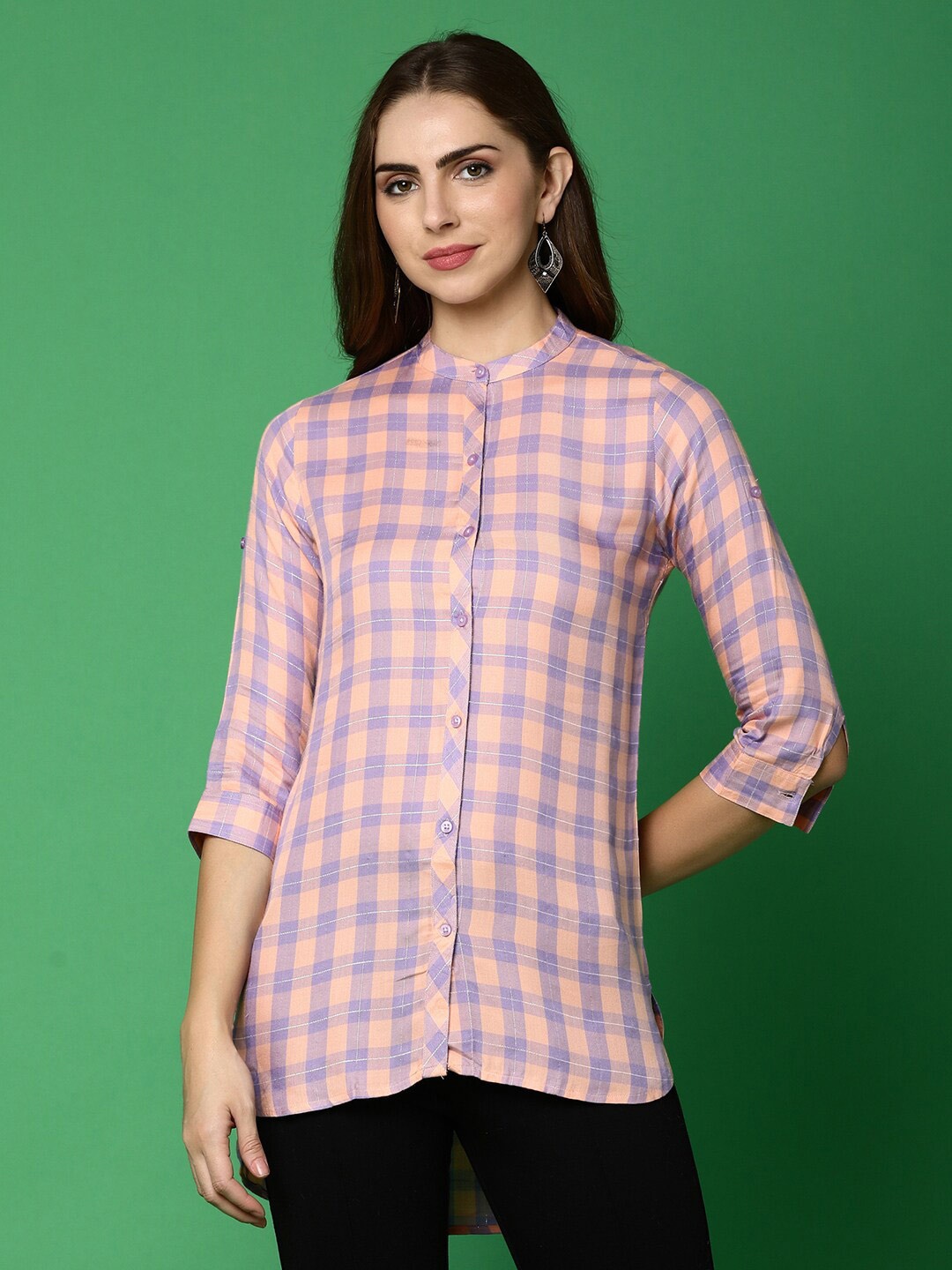 

V-Mart Checked Mandarin Collar Shirt Style Longline Cotton Top, Pink