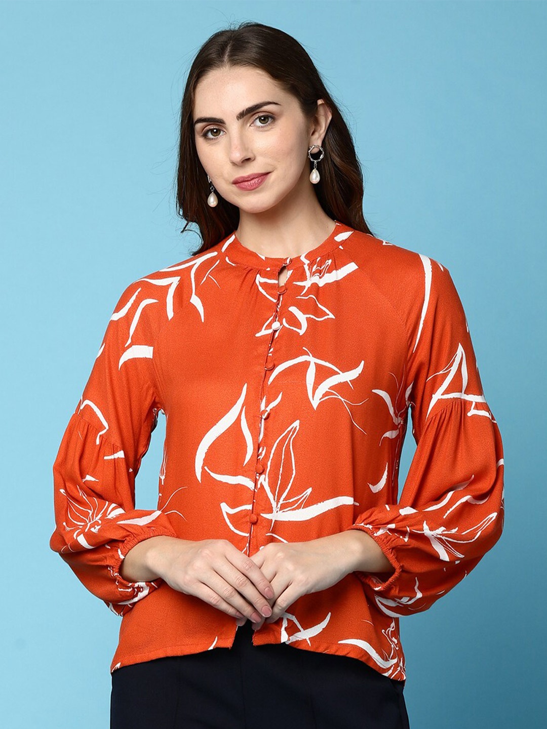 

V-Mart Floral Printed Puff Sleeves Cotton Top, Orange