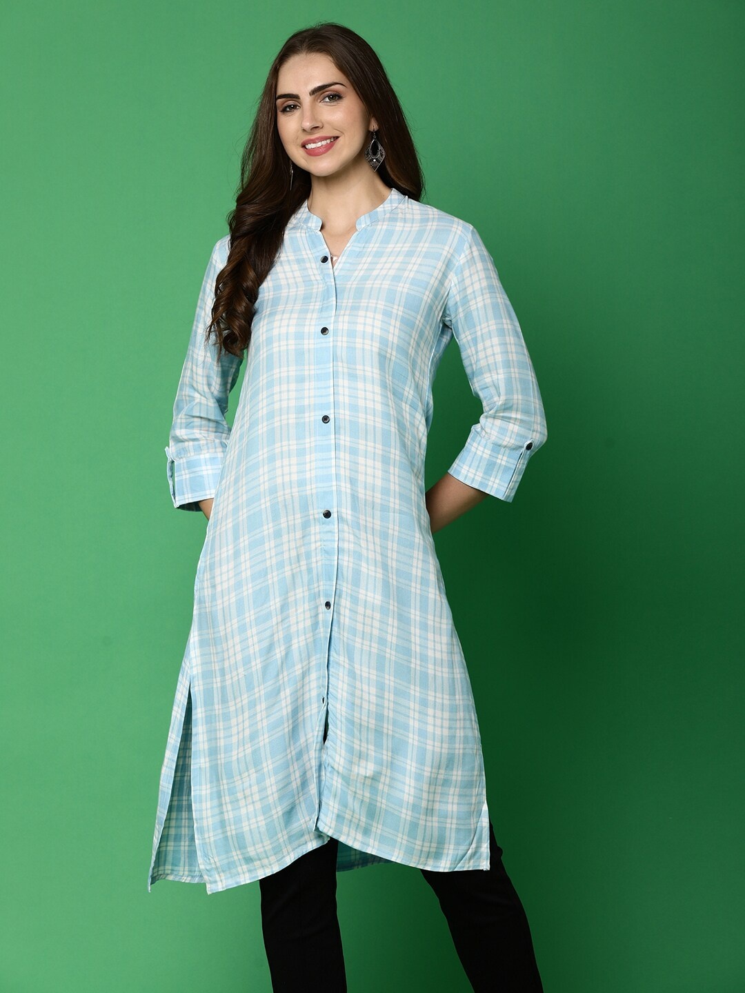 

V-Mart Checked Mandarin Collar Roll-Up Sleeves Cotton Shirt Style Top, Blue