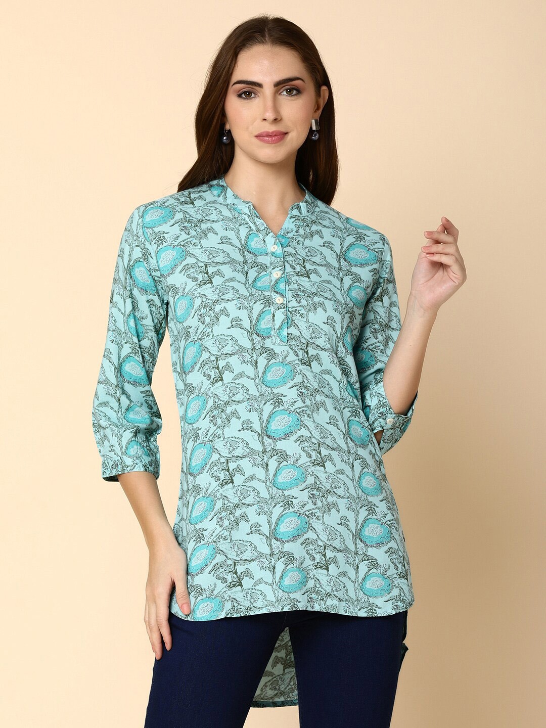 

V-Mart Floral Printed Mandarin Collar High-Low Longline Top, Green