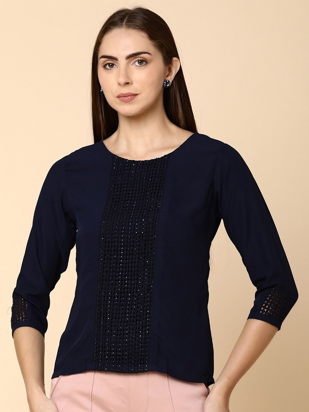 

V-Mart Embroidered Round Neck Top, Navy blue