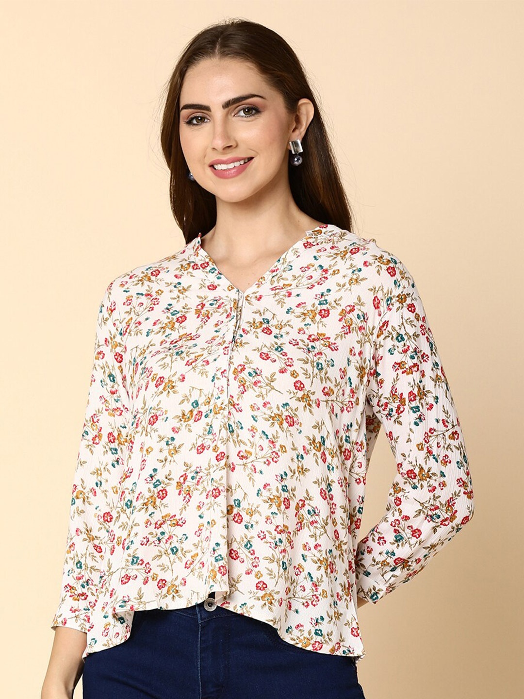 

V-Mart Floral Printed Mandarin Collar Cuffed Sleeve High Low Top, White
