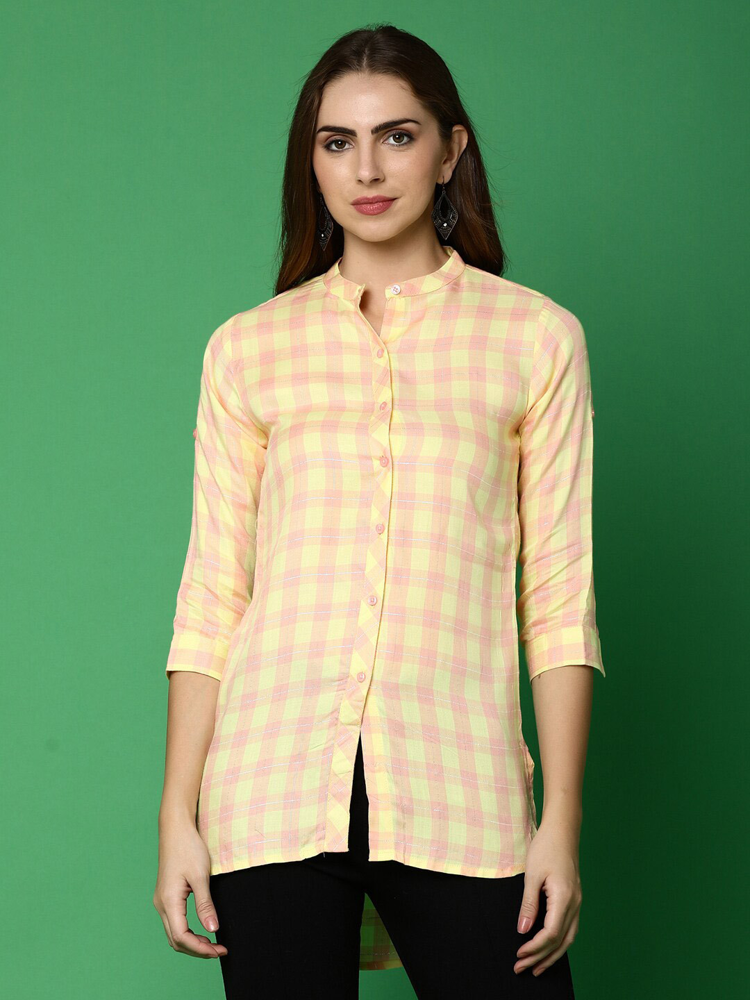 

V-Mart Yellow Checked Mandarin Collar Cotton High-Low Cotton Top