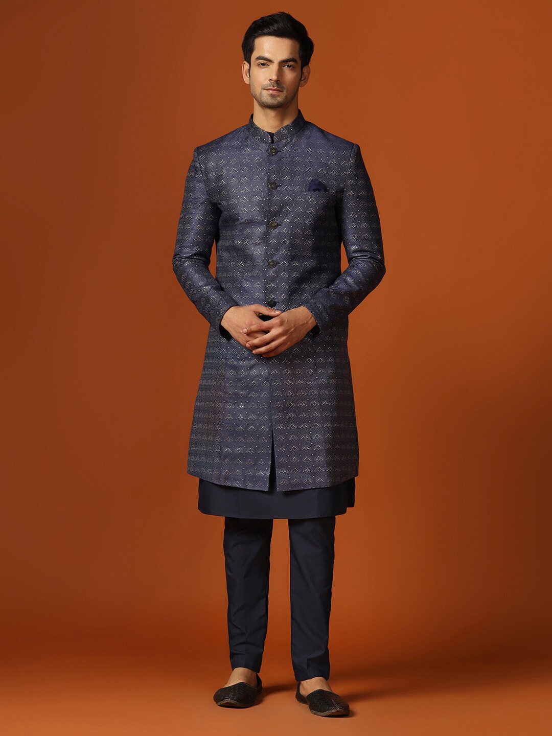 

KISAH Men Ethnic Motifs Printed Mandarin Collar Indowestern Sherwani, Navy blue