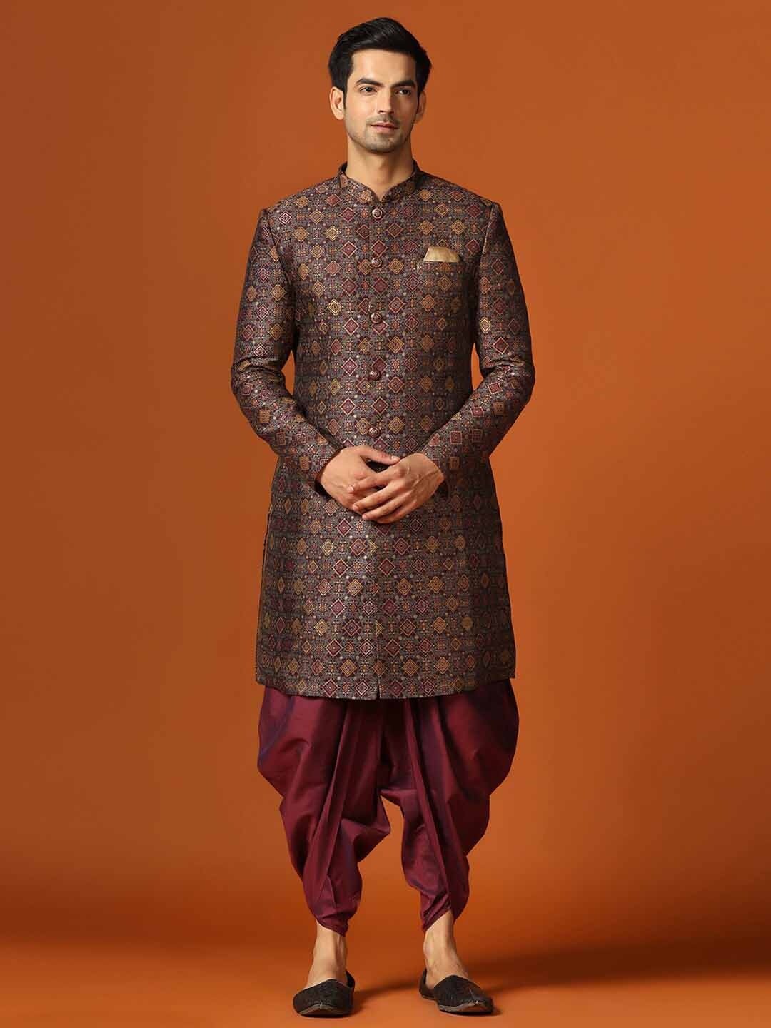 

KISAH Men Ethnic Motifs Printed Batik Indowestern Sherwani & Dhoti Pant Set, Maroon