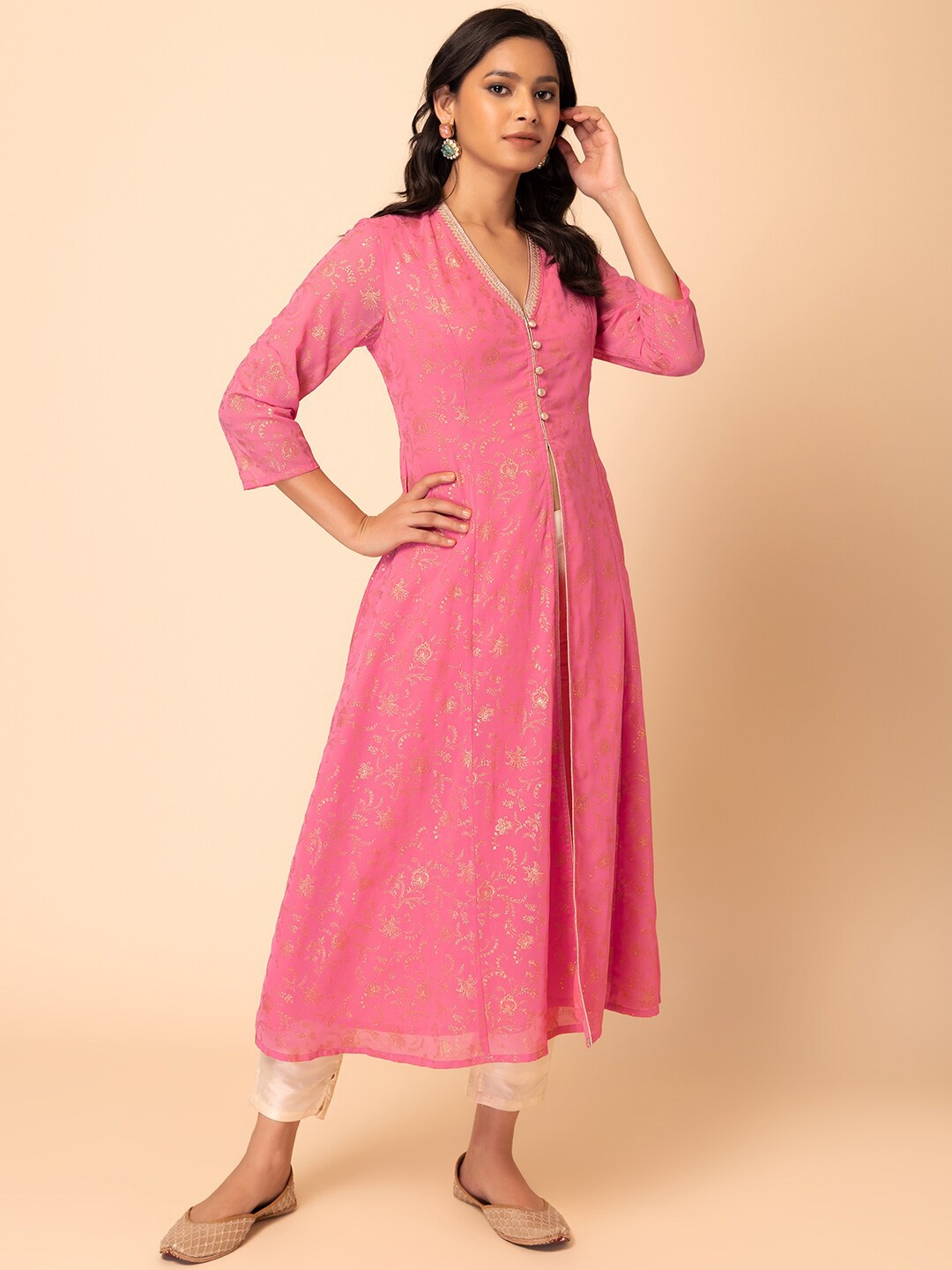 

INDYA Ethnic Motifs Printed A-Line Kurta, Pink