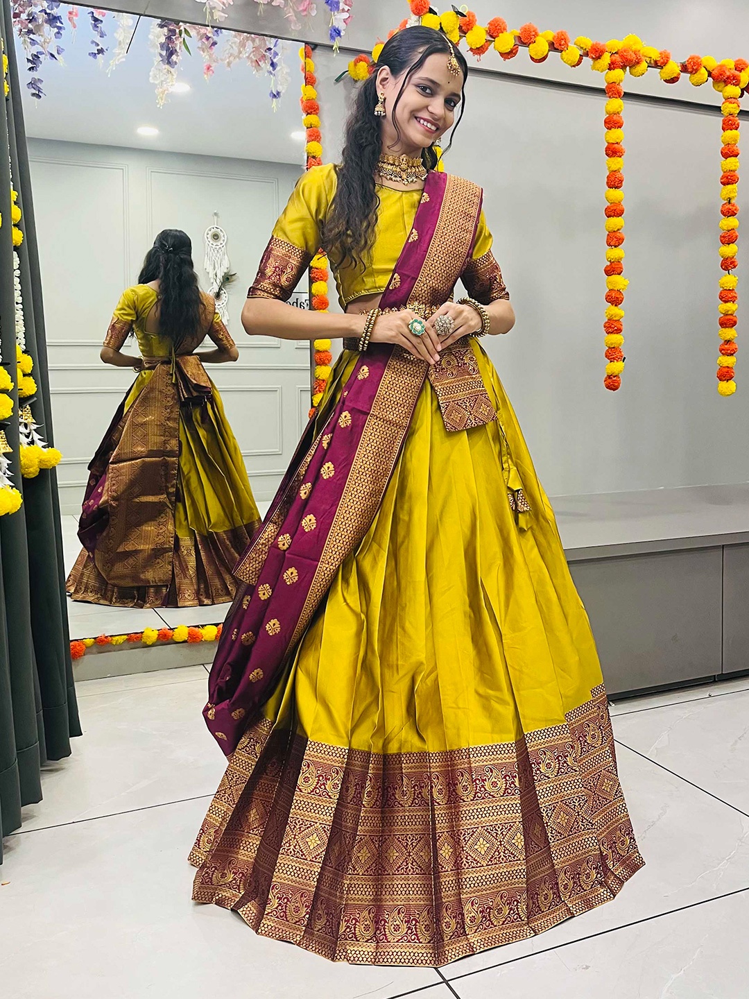 

Fabcartz Woven Design Semi-Stitched Lehenga & Unstitched Blouse With Dupatta, Yellow