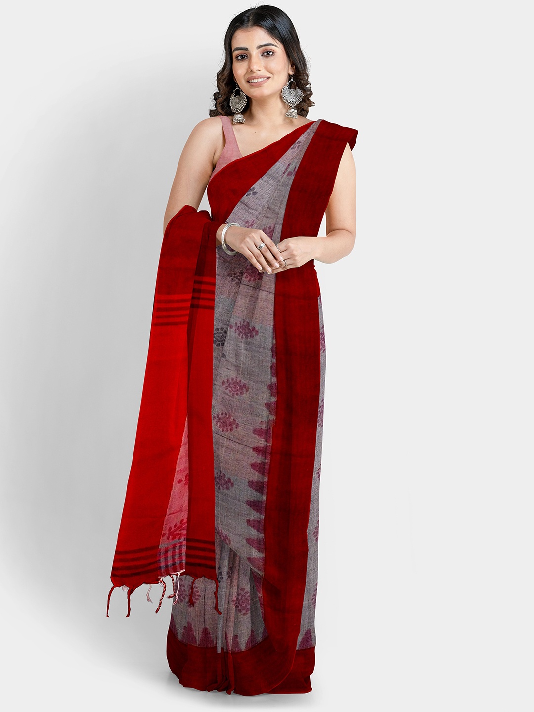 

WoodenTant Ethnic Motifs Printed Pure Cotton Saree, Grey