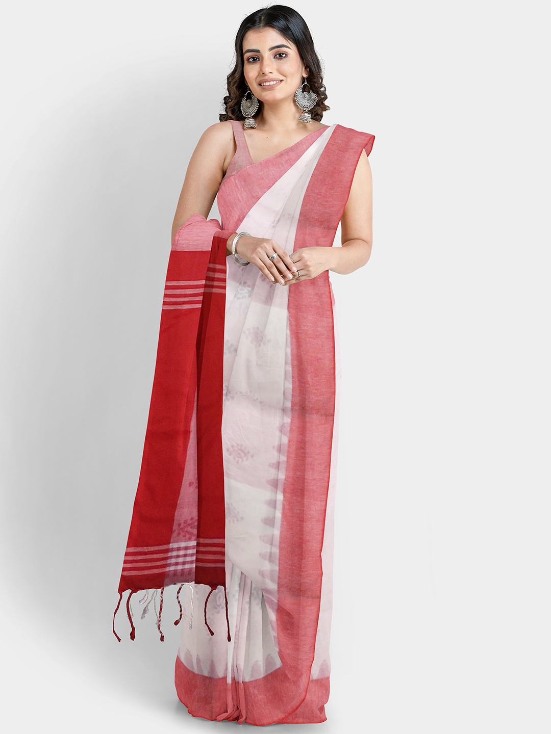 

WoodenTant Ethnic Motifs Printed Pure Cotton Khadi Saree, White