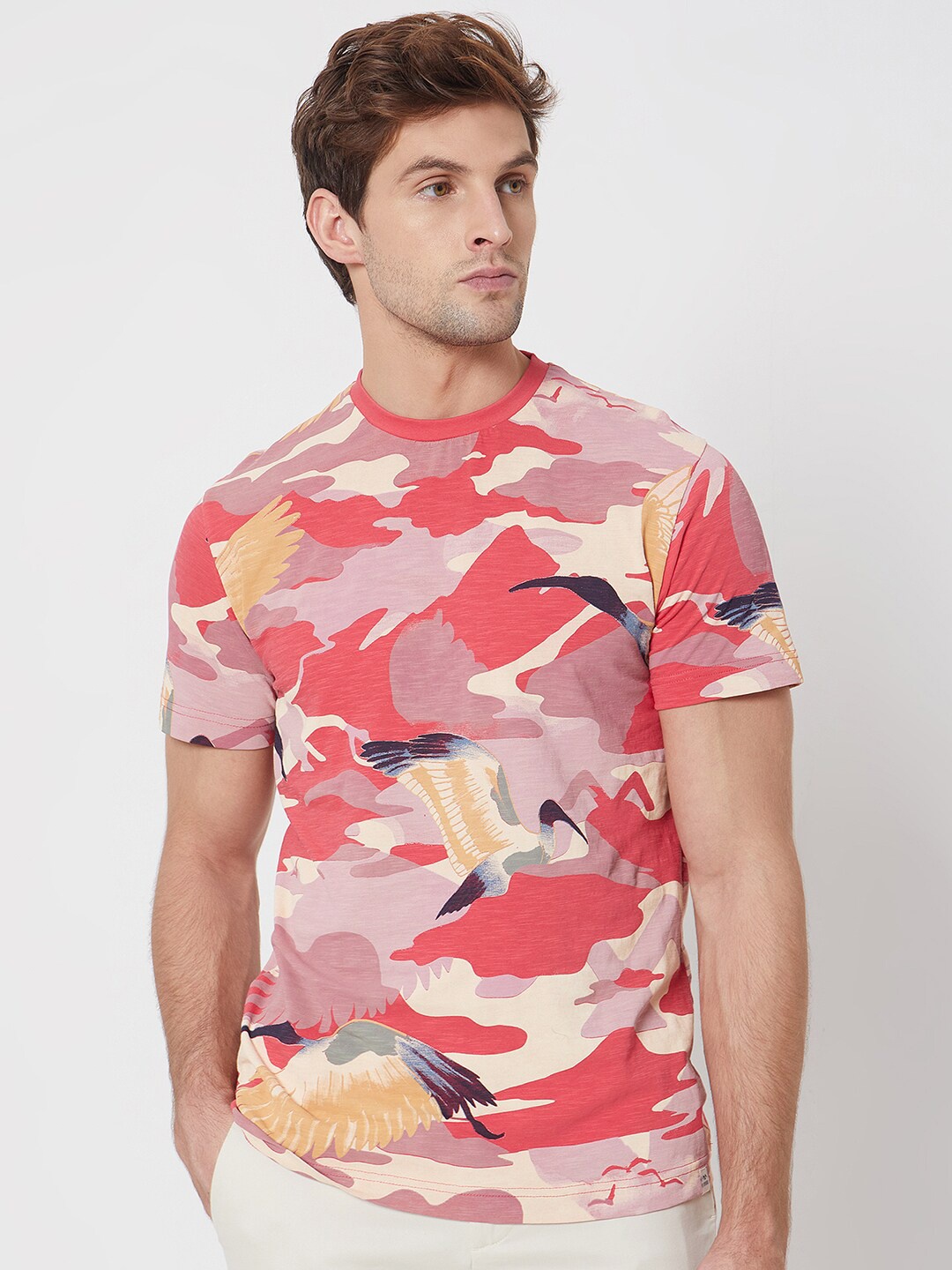 

Mufti Camouflage Printed Slim Fit Pure Cotton T-shirt, Pink