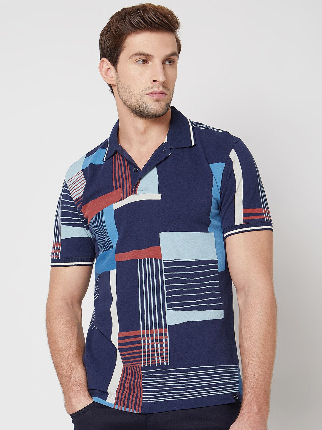 

Mufti Geometric Printed Polo Collar Cotton Slim Fit T-shirt, Navy blue