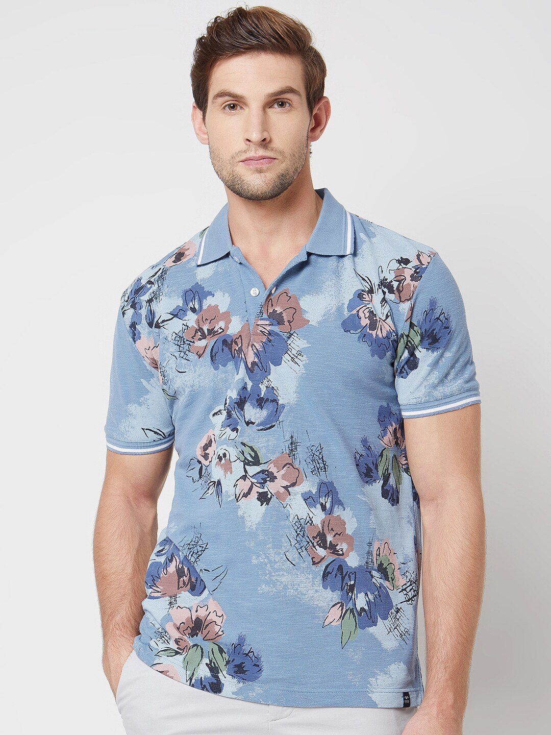 

Mufti Floral Printed Polo Collar Pure Cotton Slim Fit T-shirt, Blue