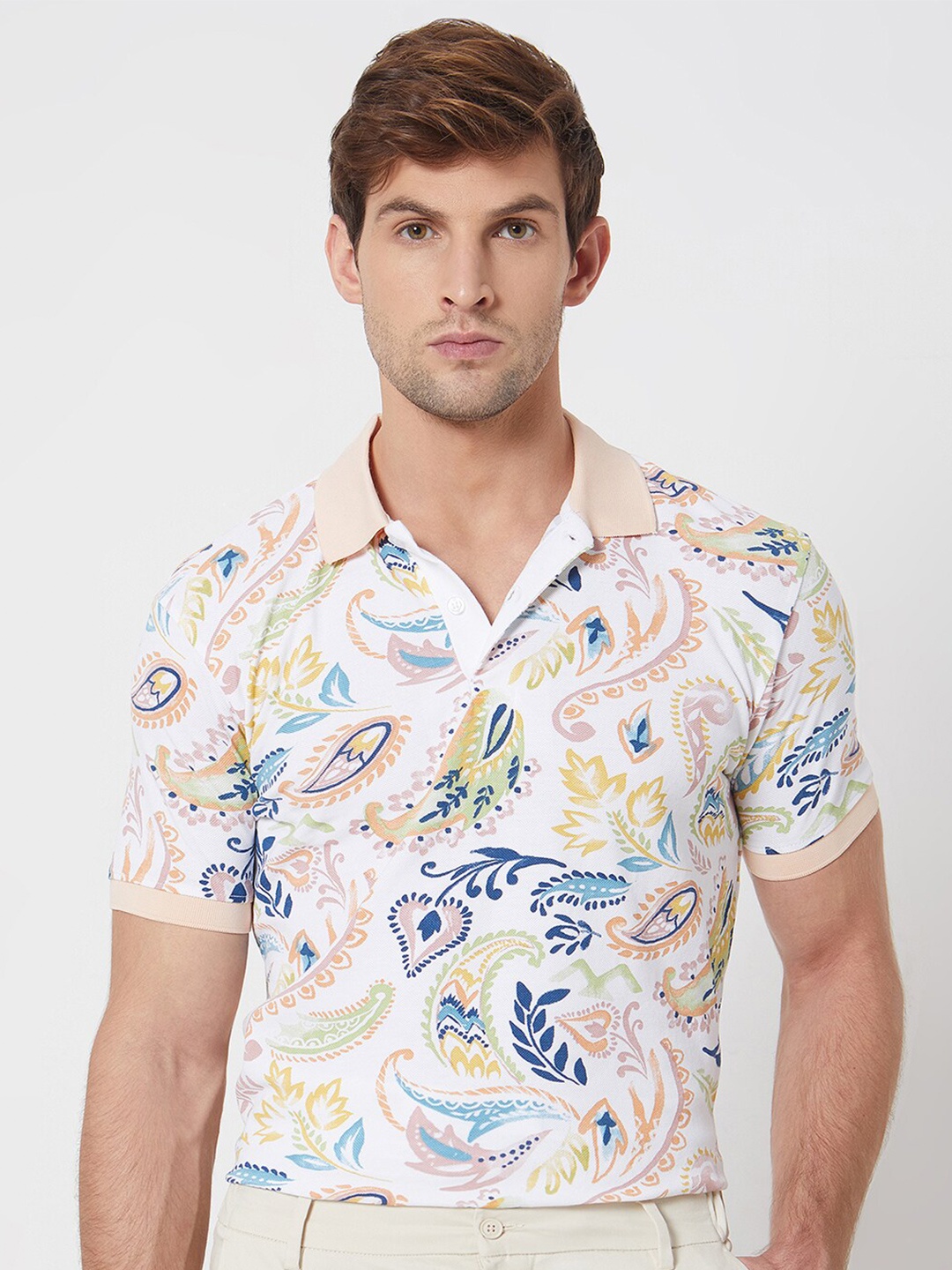 

Mufti Floral Printed Polo Collar Pure Cotton Slim Fit T-shirt, Off white