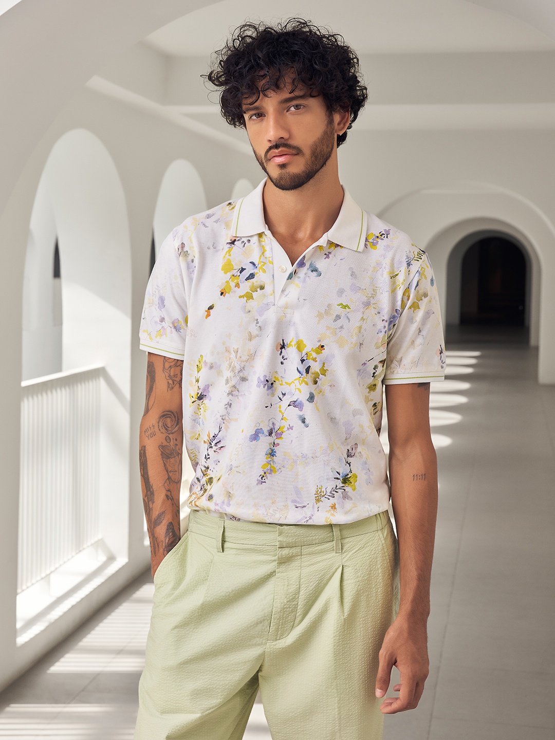 

Mufti Floral Printed Polo Collar Slim Fit Cotton T-shirt, Off white