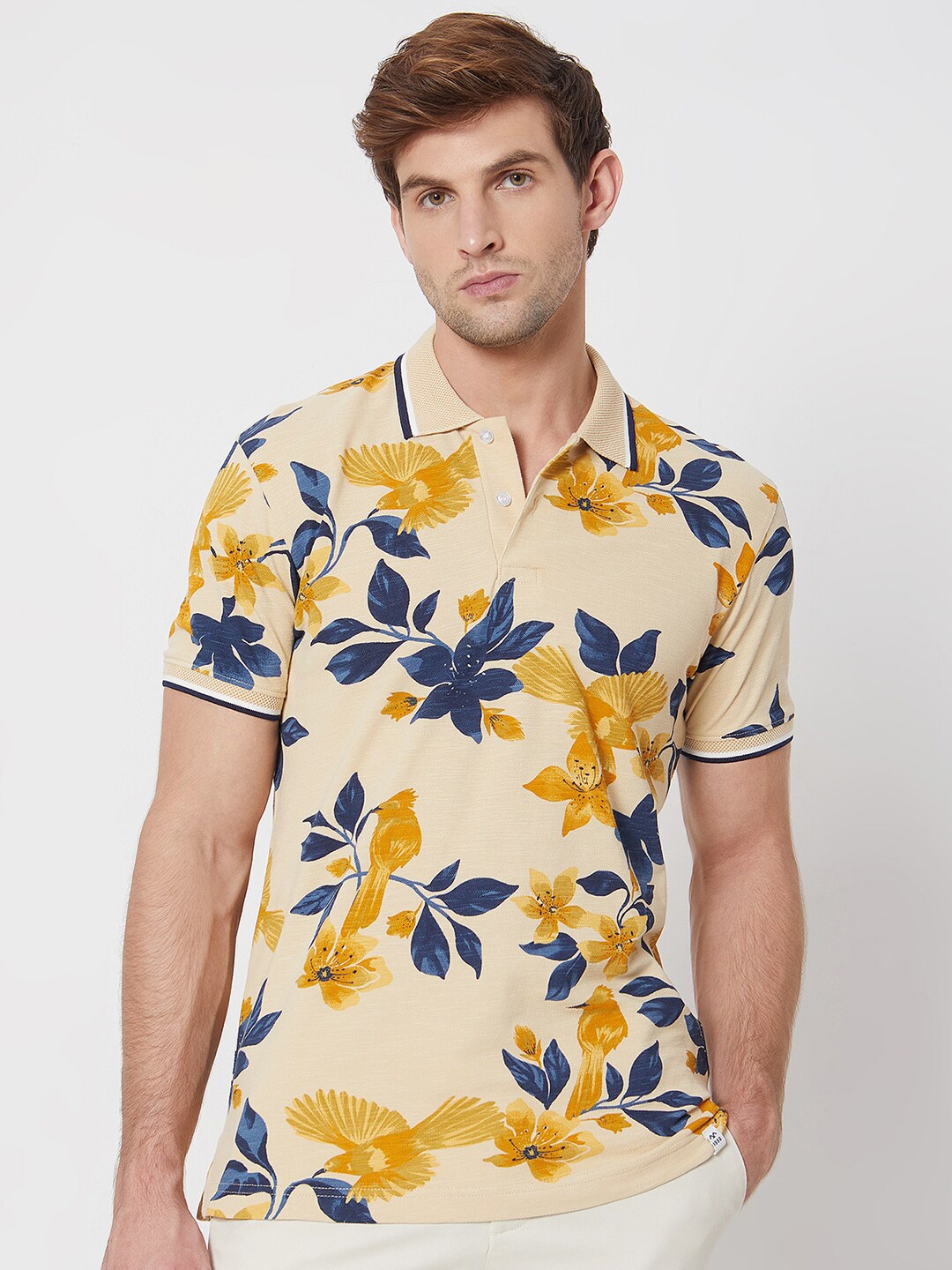 

Mufti Floral Printed Polo Collar Slim Fit Cotton T-shirt, Beige