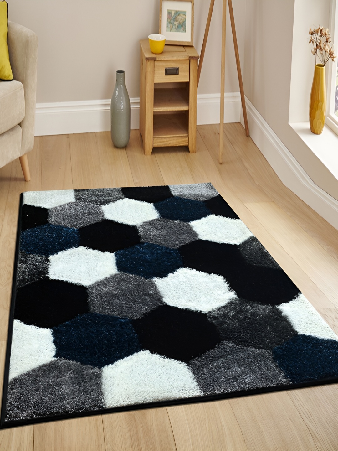 

bsb home Blue Geometric Anti-Skid Fluffy Fur Carpet