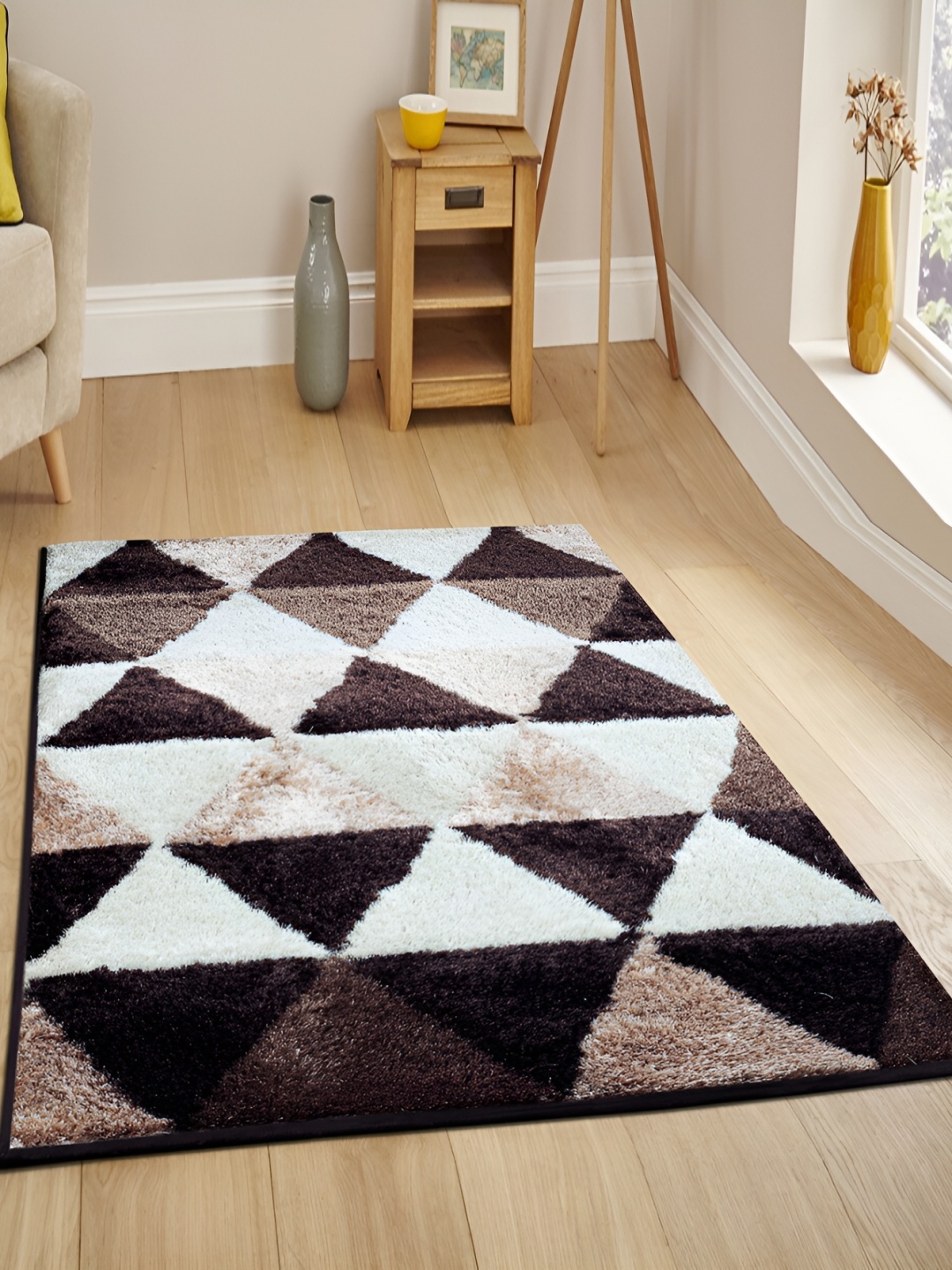 

bsb home Coffee Brown Geometric Anti-Skid Fluffy Fur Carpet