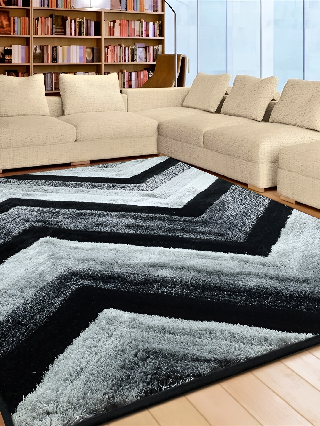

bsb home White Geometric Anti-Skid Fluffy Fur Carpet