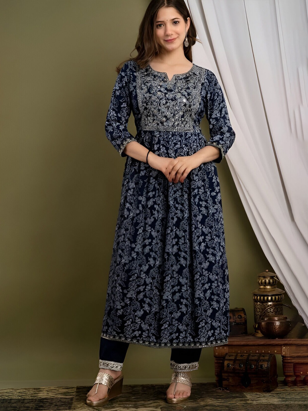 

Subh LAXMI Floral Printed Thread Work A-Line Kurta With Trousers & Dupatta, Blue