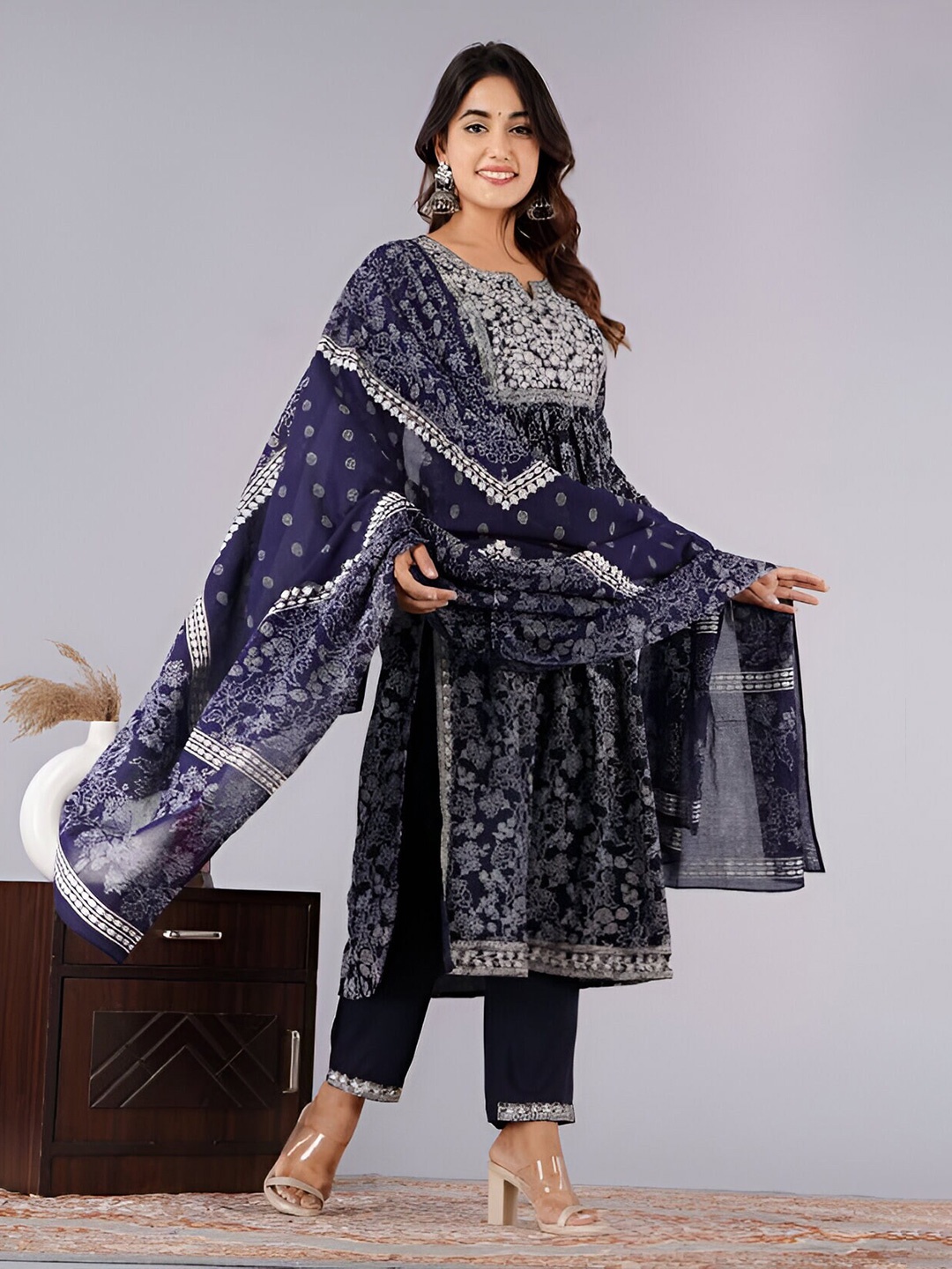 

Subh LAXMI Floral Printed Thread Work A-Line Kurta With Trousers & Dupatta, Blue