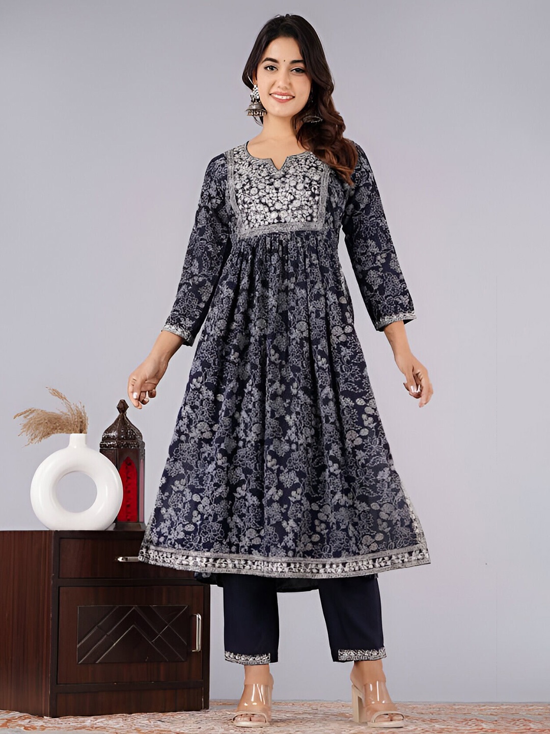 Subh LAXMI Floral Printed Thread A-Line Work Kurta With Trousers, Blue