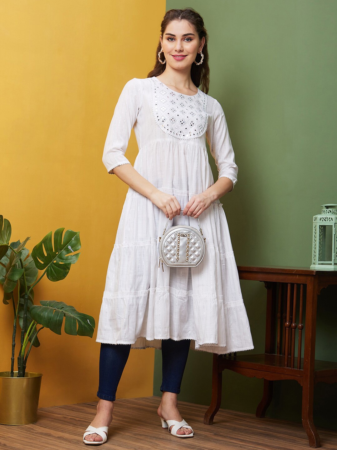 

Globus Cotton Embroidered Thread Work Round Neck Flared A-Line Kurta, White