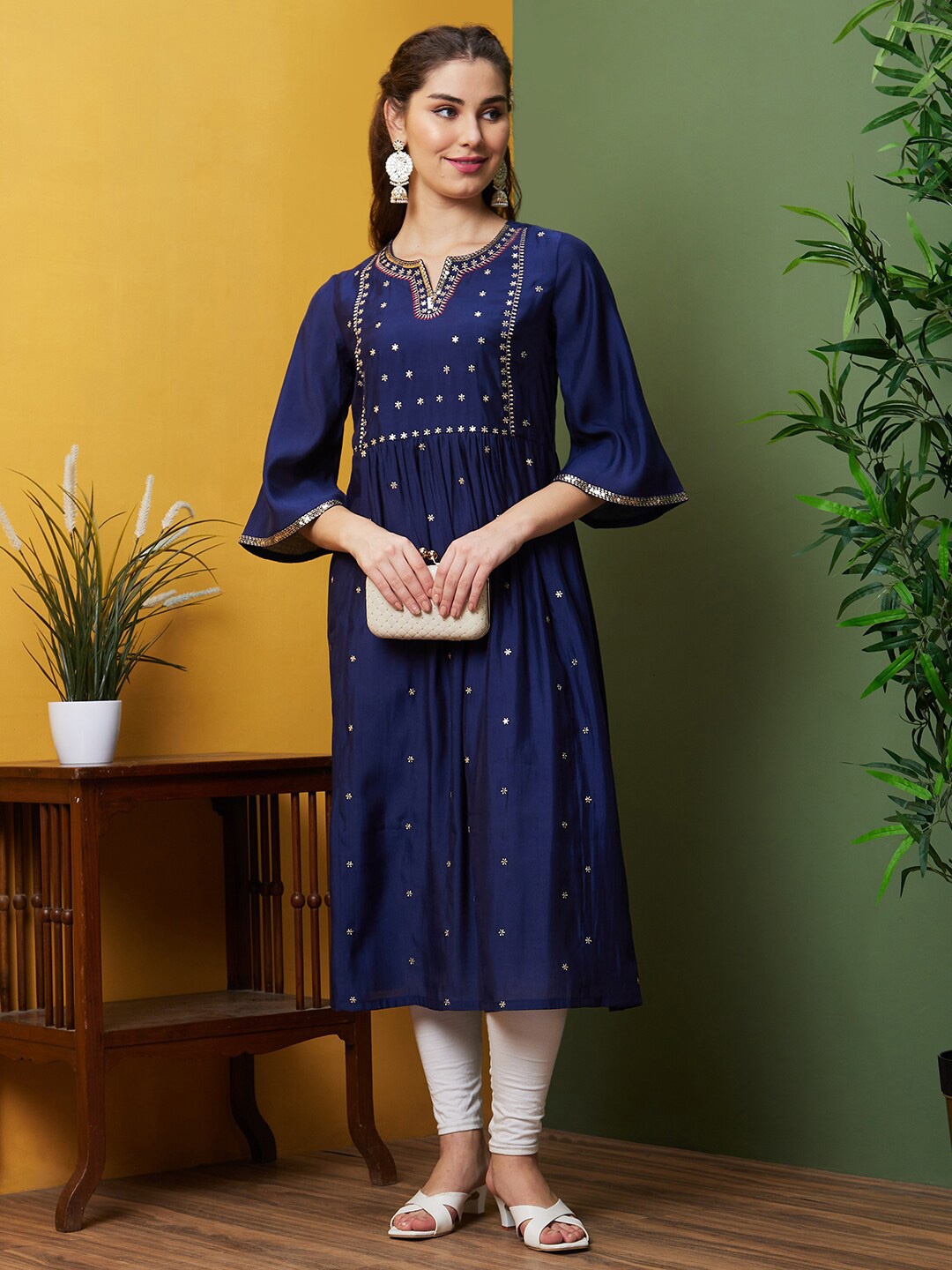 

Globus Floral Embroidered Sequined Flared Sleeves A-Line Kurta, Navy blue
