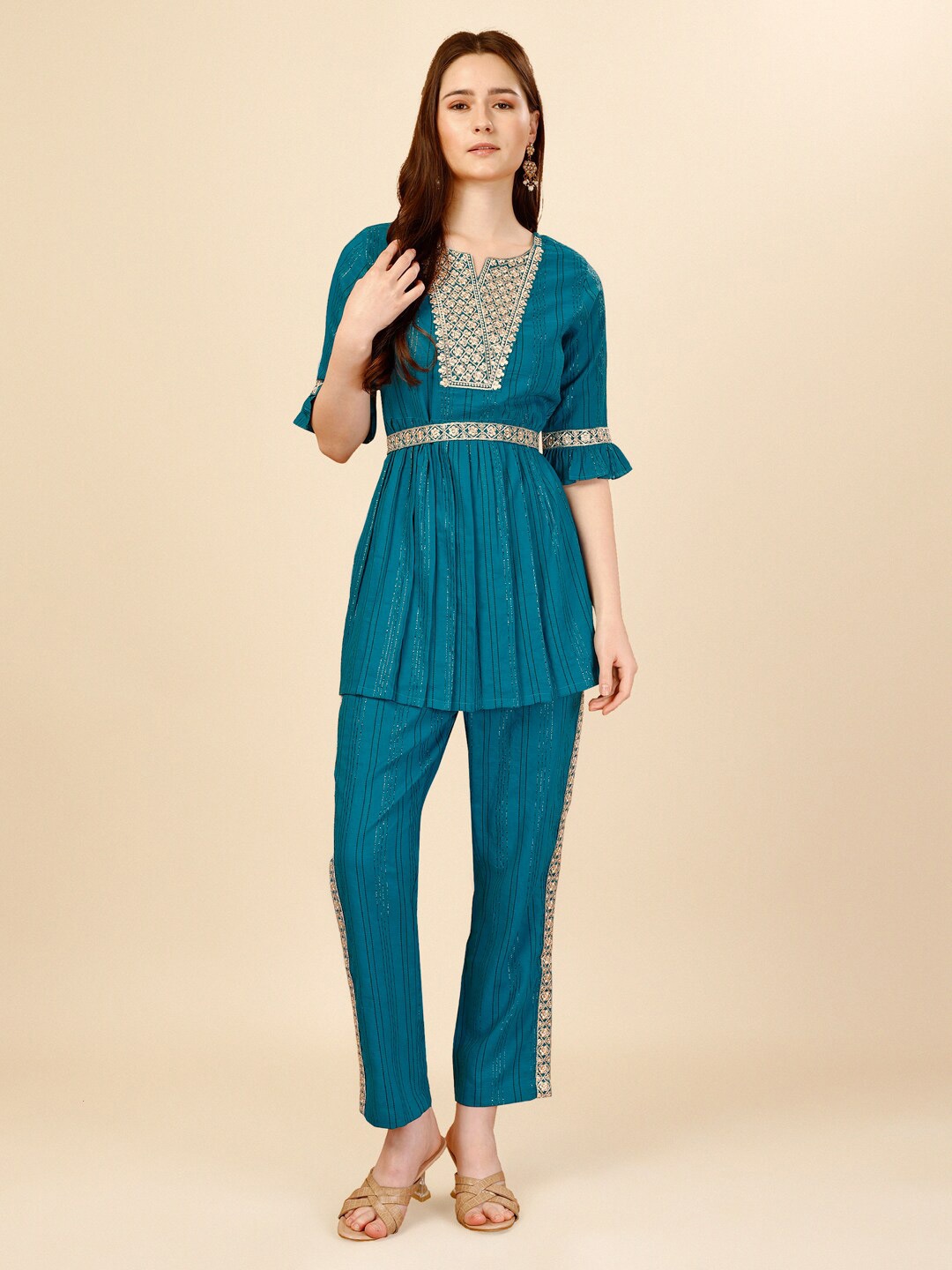 

NAINVISH Embroidered Top With Trousers Ethnic Co-Ords, Blue