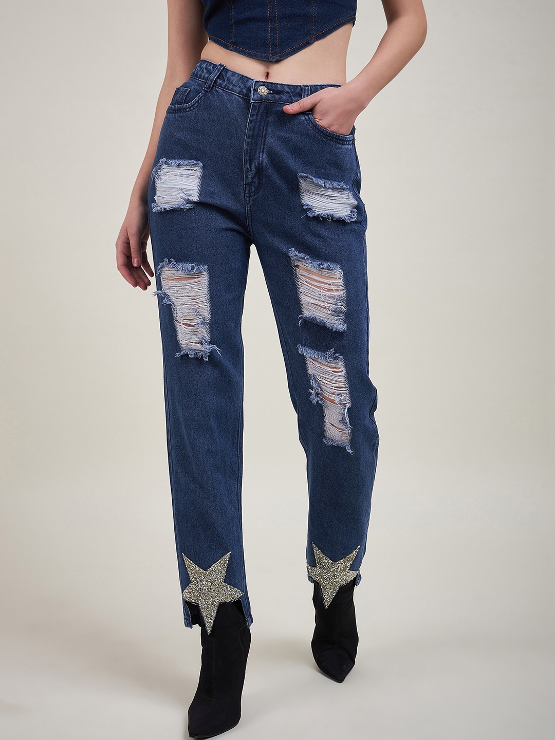 

STYLECAST X KASSUALLY Women Straight Fit Highly Distressed Embellished Stretchable Jeans, Navy blue