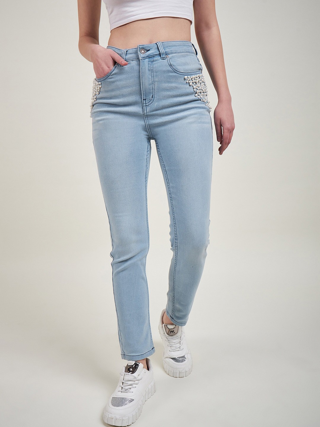 

STYLECAST X KASSUALLY Women Slim Fit High-Rise Clean Look Pearl Studded Jeans, Blue