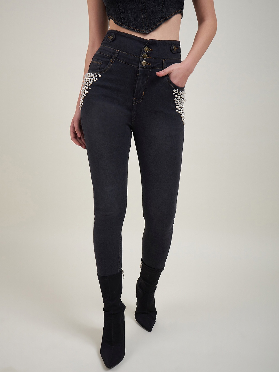 

KASSUALLY Women Embellished Slim Fit High-Rise Stretchable Jeans, Navy blue