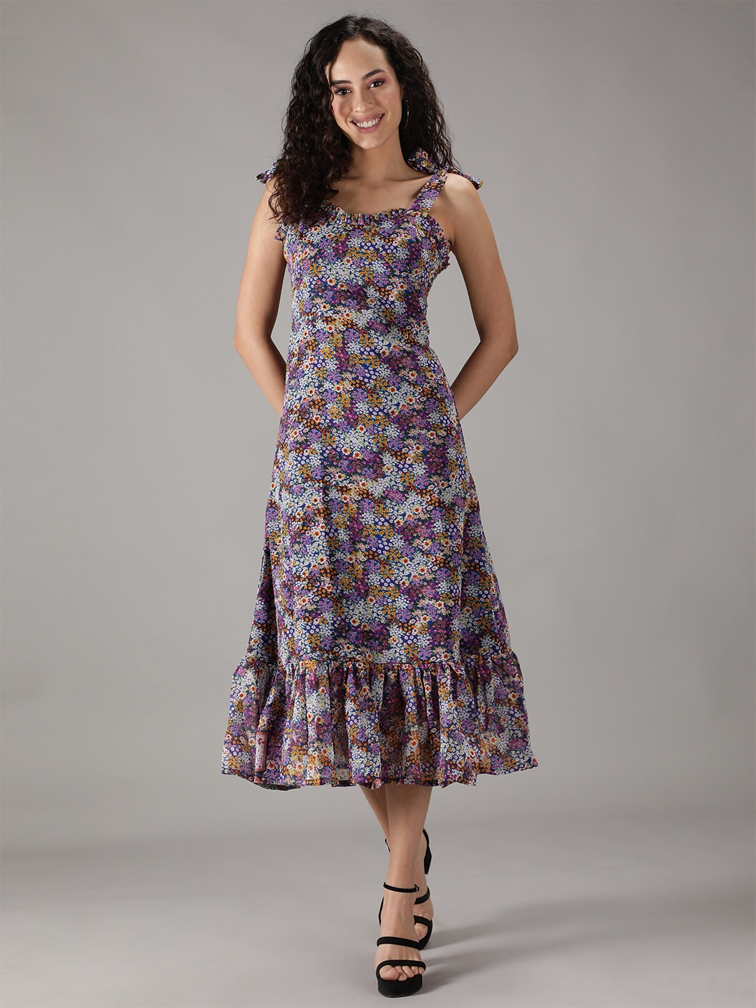 

smisingbee Floral Printed Tie Shoulder Georgette Fit & Flare Midi Dress, Purple