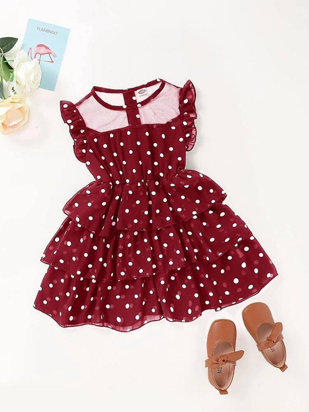 

BAESD Kids-Girls Polka Dot Print Shoulder Straps Layered Fit & Flare Dress, Maroon