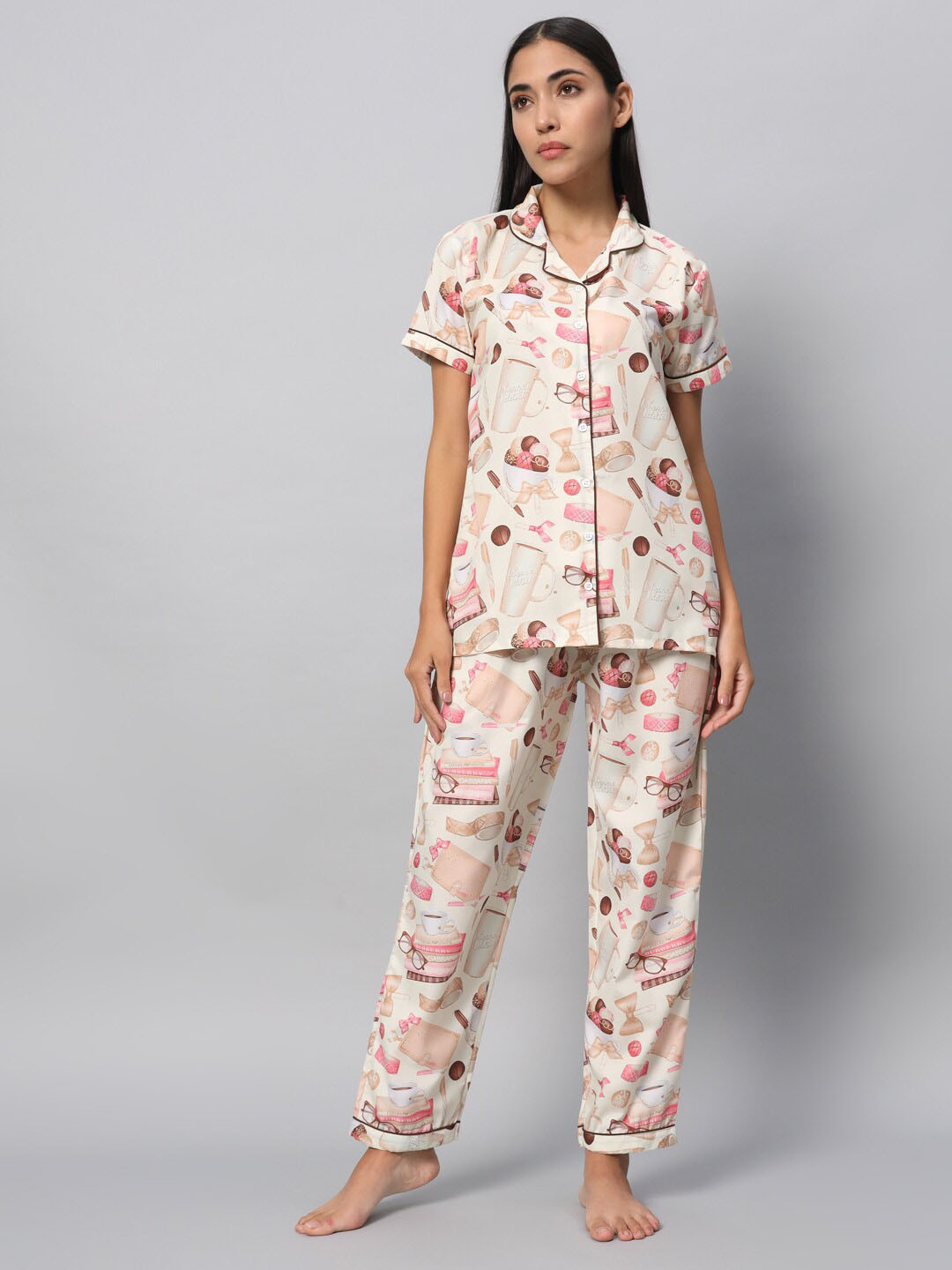 

SEPHANI Conversational Printed Lapel Collar Night suit, Beige