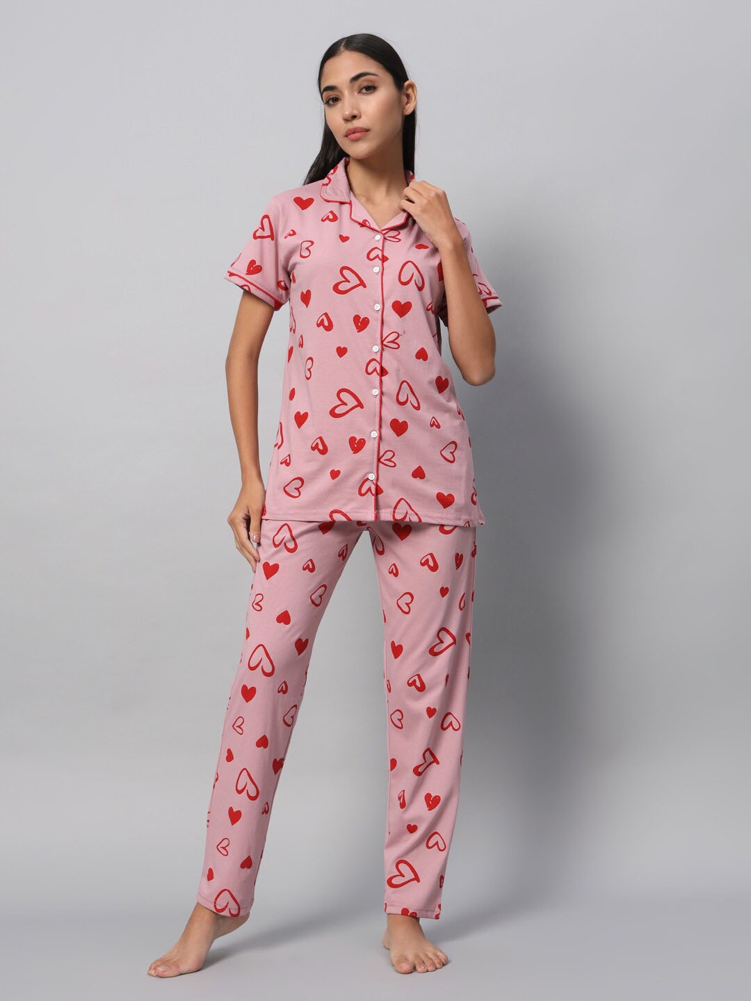 

SEPHANI Conversational Printed Lapel Collar Night suit, Pink