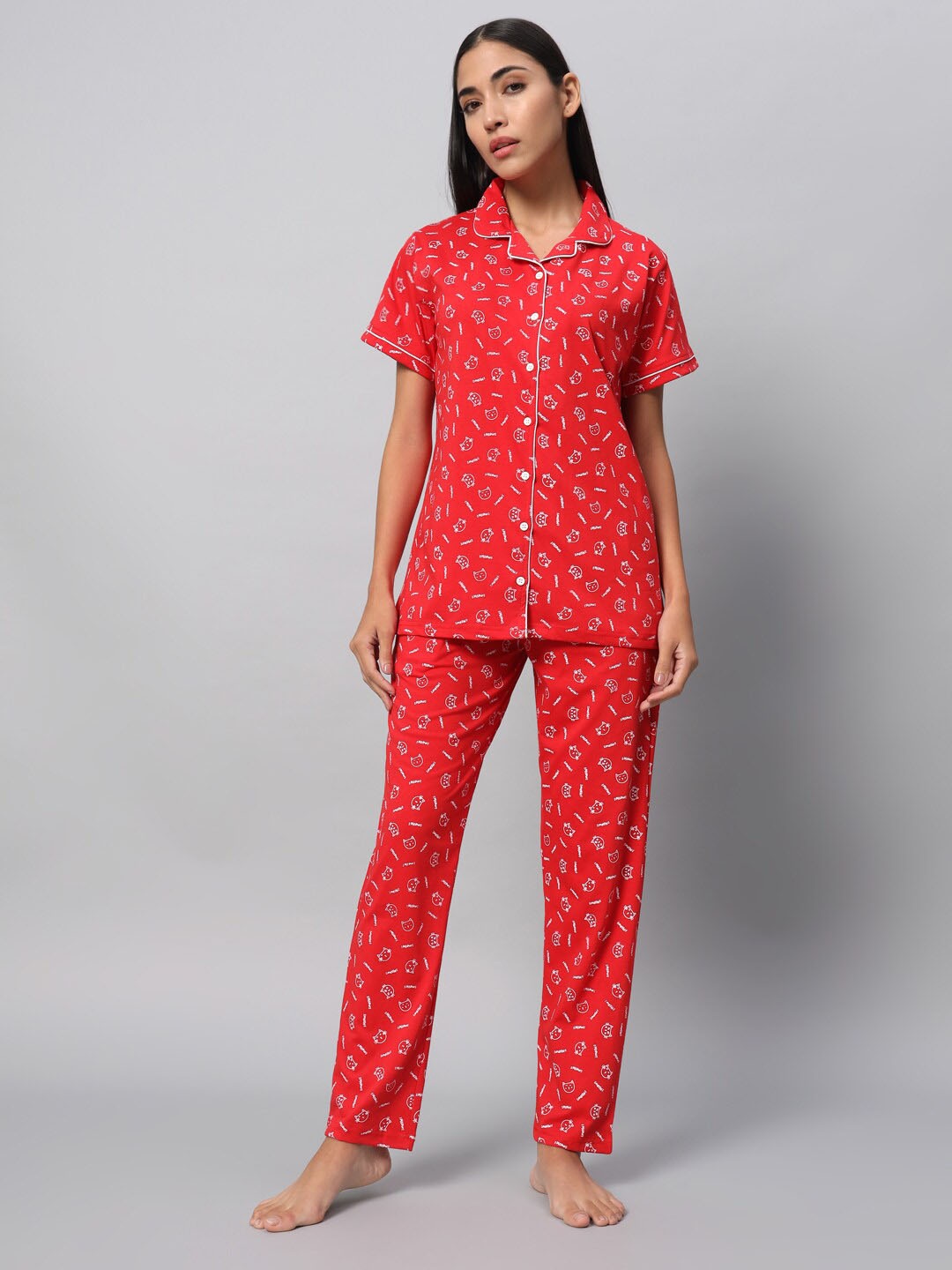 

SEPHANI Conversational Printed Lapel Collar Night suit, Red