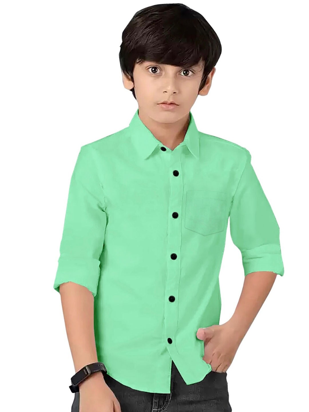 

BAESD Boys Cotton Spread Collar Curved Regular Fit Casual Shirt, Green