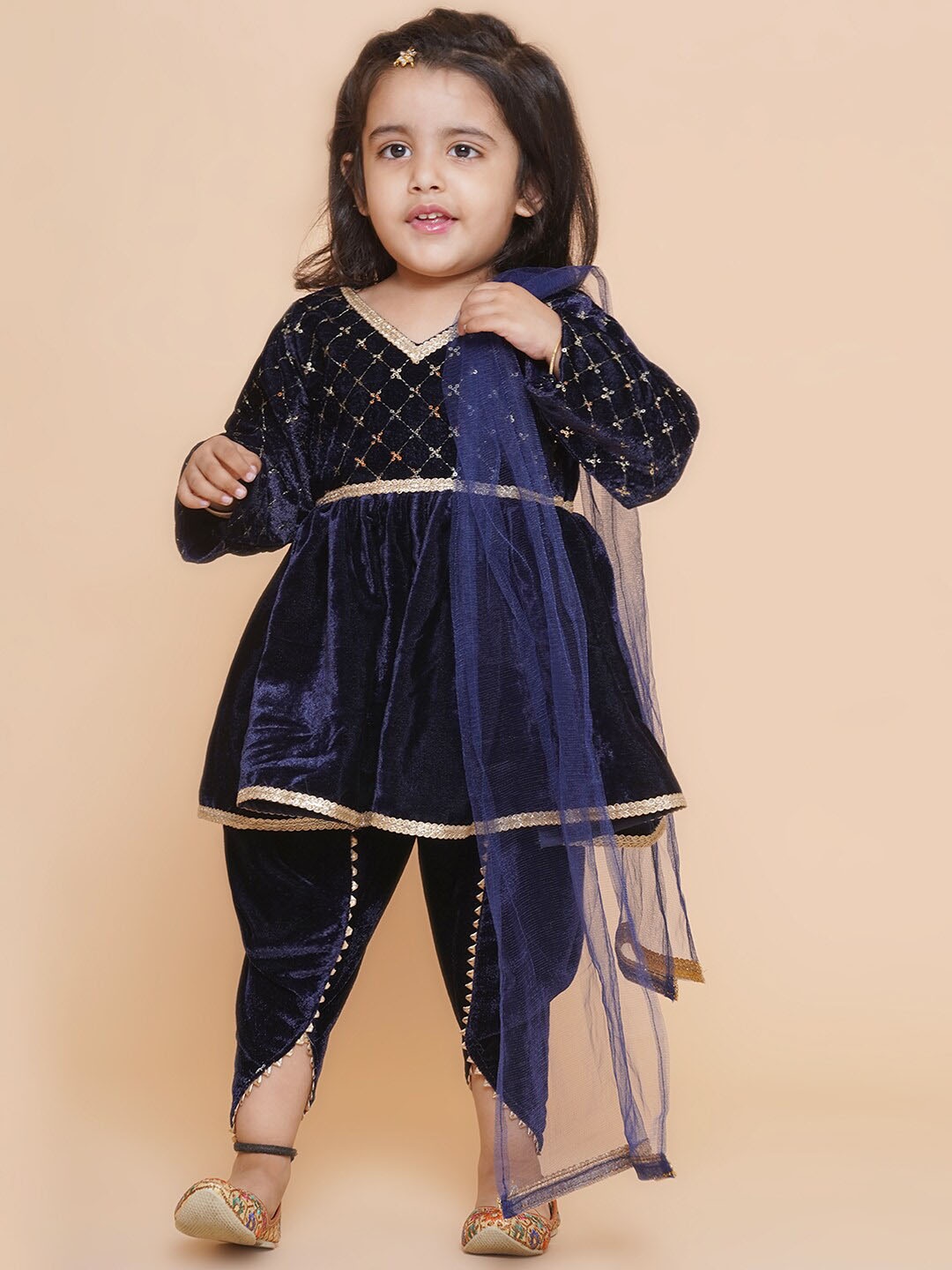 

BAESD Girls Embroidered V Neck Thread Work Velvet Kurti with Dhoti Pants & With Dupatta, Navy blue