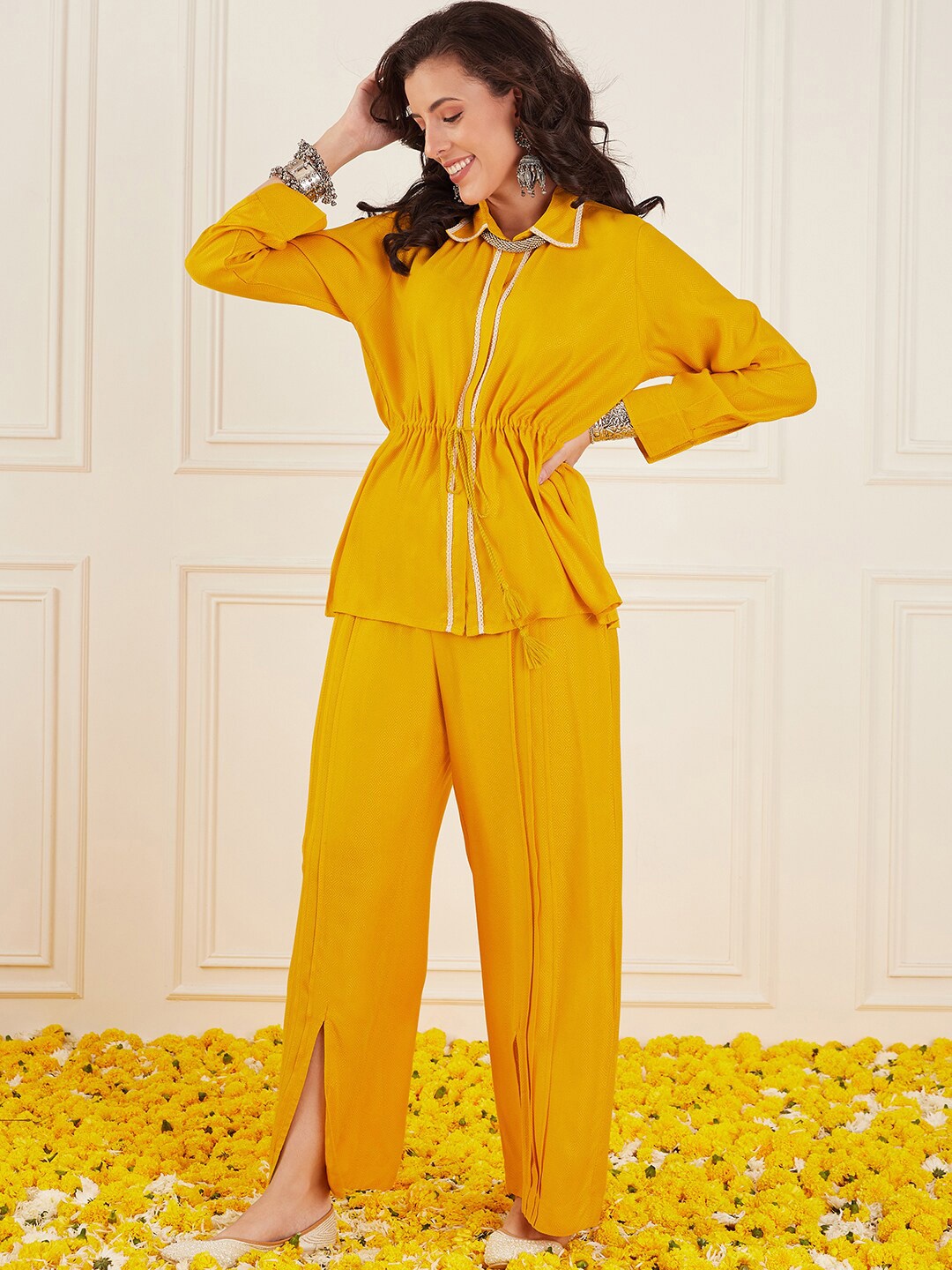 

Anouk Yellow Self Design Shirt Collar Top With Palazzo