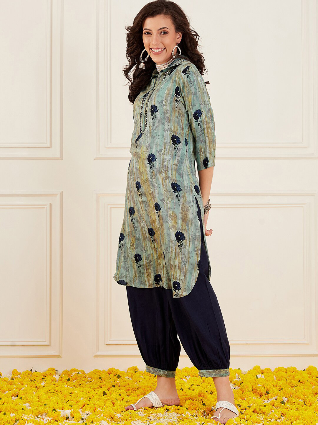 

Anouk Floral Printed Shirt Collar Mirror Work Curved Straight Kurta With Salwar, Blue