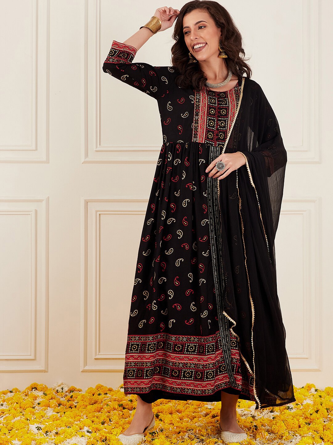 

Anouk Ethnic Motifs Printed Regular Sequinned Kurta with Trousers & Dupatta, Black